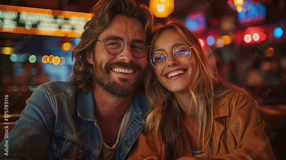 Happy young couple smiling together in a vibrant city nightlife setting with bokeh lights.