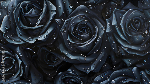 The early morning dew is gathering on a black rose. Generative AI photo