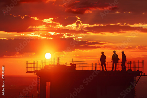 Wallpaper Mural Silhouette of a construction worker and team working together on a building site at sunset with a warm sky background. Torontodigital.ca