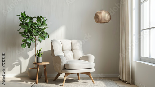Comfortable beautiful chair in a bright, cozy room, minimalist style