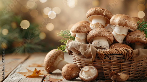 Fresh champignons in a basket on a wooden rustic background