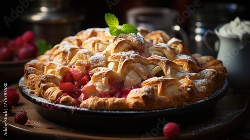 sweet apple pie with white sugar sprinkles on a wooden tray and blurred background