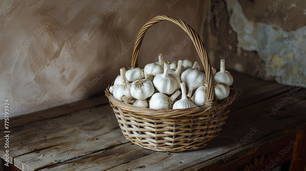 Freshly picked garlic arranged in a wicker basket on a rustic wooden background Freshly picked garlic arranged in a wicker basket on a rustic wooden background