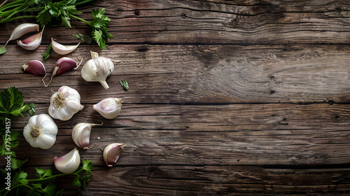Top-down view of freshly picked garlic meticulously arranged on a rustic wooden surface