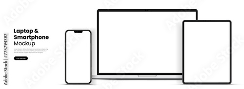 Modern laptop mockup front view and high quality smartphone and tablet mockup isolated on white background. Notebook mockup and phone device mockup for ui ux app and website presentation.Stock Vector.