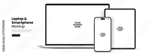 Modern laptop mockup front view and high quality smartphone and tablet mockup isolated on white background. Notebook mockup and phone device mockup for ui ux app and website presentation.Stock Vector.