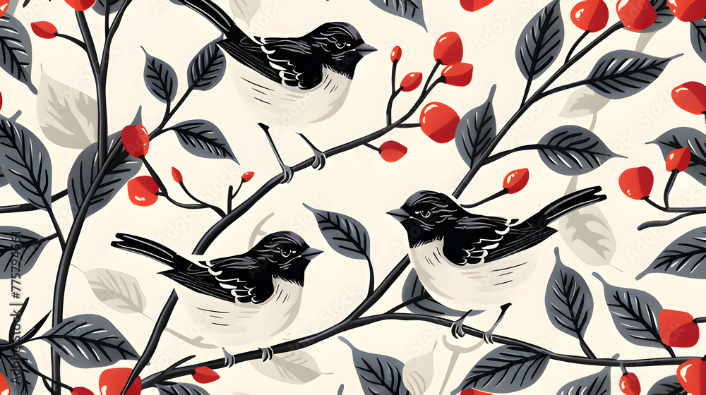 There are three small magpies sitting on a small tree with red fruit open. Generative AI