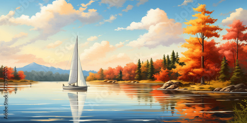 A lone sailboat gliding across a calm lake, framed by vibrant summer foliage. 