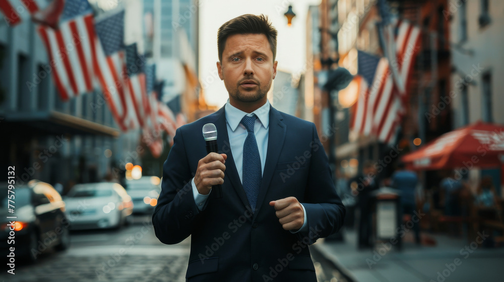 Male Reporter Preparing for Live Election Broadcast, A sharp-dressed male reporter with a microphone stands against a blurred backdrop of American flags, ready for a live election broadcast.