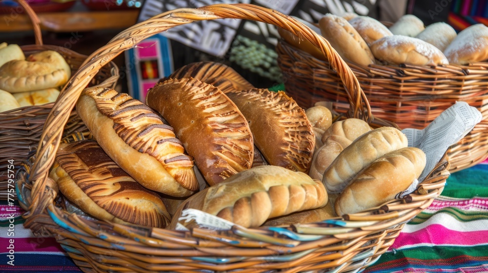 Assorted fresh bakery goods in wicker baskets.