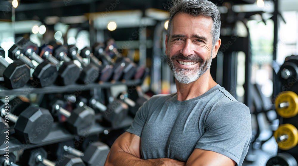 Attractive mature man smiling in a gym
