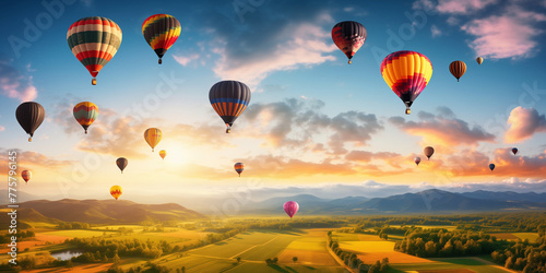 A patchwork of colorful hot air balloons soaring high above a picturesque countryside.