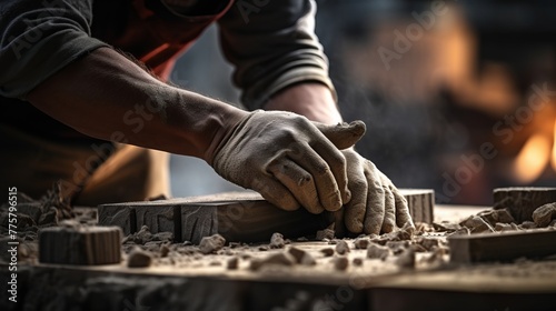 Close-up of the hands of an industrial bricklayer installing bricks on a construction site