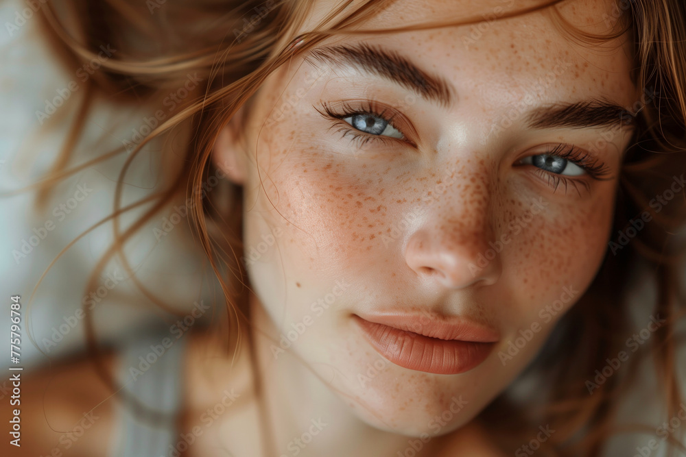 Close-up portrait of a young woman with freckles and captivating eyes