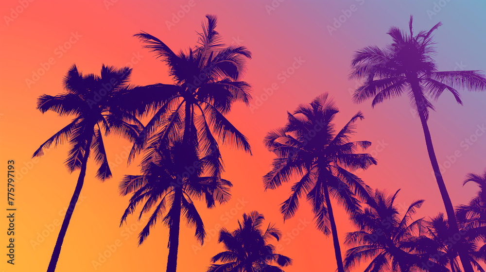 Summer concept. Silhouettes of palm trees against the sky. Tropical sunset background. 