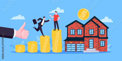 Mortgage refinance to buy a house flat style design business concept. Real estate property or mortgage loan investment. Business people climb money coin stack and home building vector illustration.