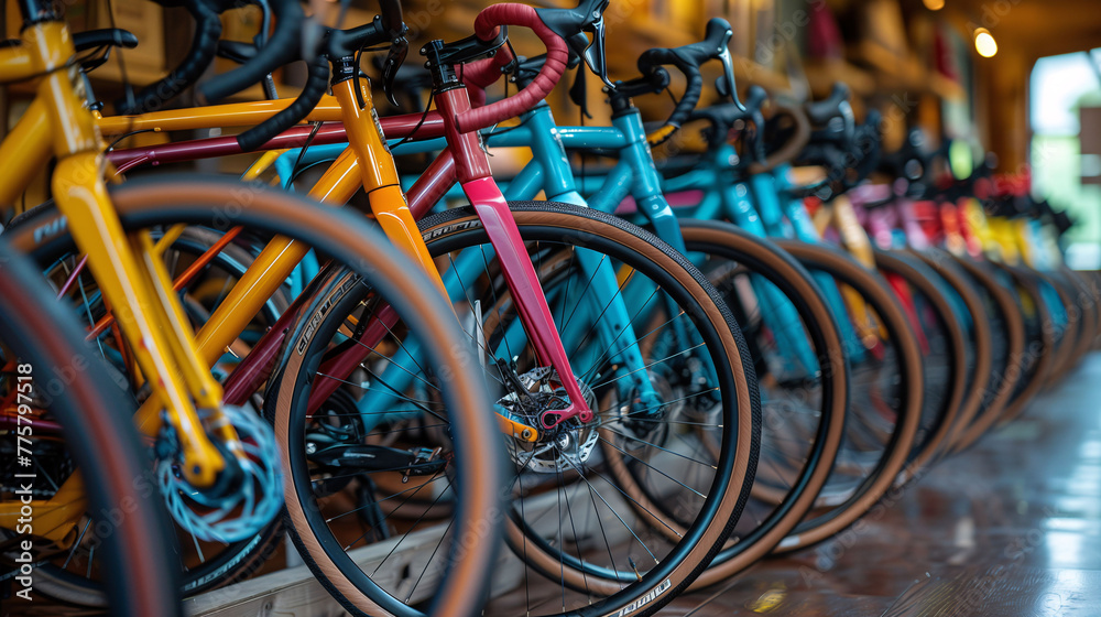 Row of colorful bicycles lined up, showcasing wheels and frames in a bike shop.