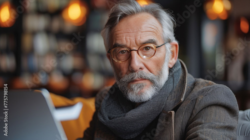 Elderly man with a thoughtful expression reading a book in a rustic setting.
