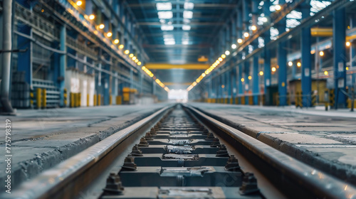 Train tracks cut through an expansive warehouse, highlighting the scale and modern infrastructure