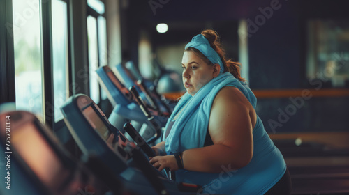 Focused fat Woman Exercising on Trainer  A determined woman using an trainer in a gym  concentrating on her fitness goals.