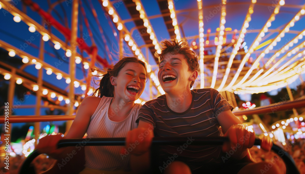 Portraits of two teenagers couple in love or brother and sister emotional screaming and laughing moment while they enjoying Roller coaster Funny time attraction ride on city carnival entertainment. Portraits of two teenagers couple in love or brother and sister emotional screaming and laughing moment while they enjoying Roller coaster Funny time attraction ride on city carnival entertainment.