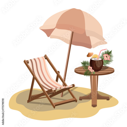 Summer composition: beach chair, sun umbrella, table with coconut cocktail, decorated with tropical leaves and flowers. Vector illustration for travel, summer designs.