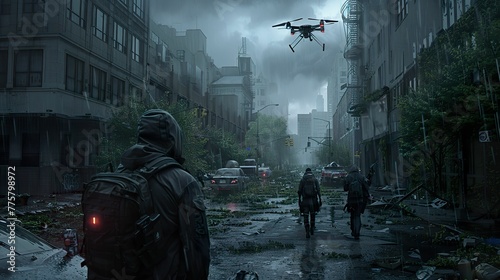 Fugitive group sneaking through abandoned city streets evading surveillance drones in a post-apocalyptic setting Stormy weather adds tension Photography photo