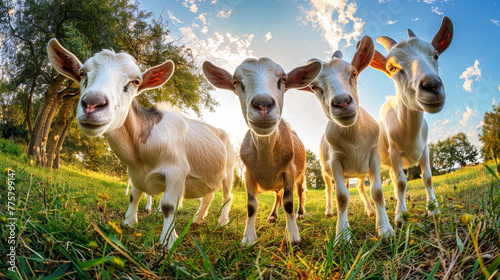 A gathering of goats peacefully standing together in a field, grazing on the lush grass under the bright sun