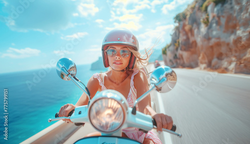 Embracing Life's Journey: smiling young woman on Bright blue motor Scooter riding seacoast road with breathtaking sea views. Joyful Adventures, Happy people, and traveling concept. © Train arrival