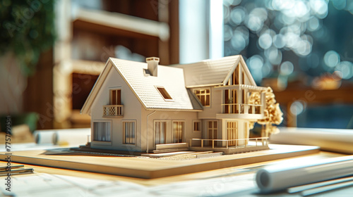 A model of a house is placed on top of a table