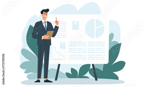 Flat vector illustration. A man in a strict suit is standing in front of a banner, holding a tablet and saying something, pointing with a finger . Vector illustration