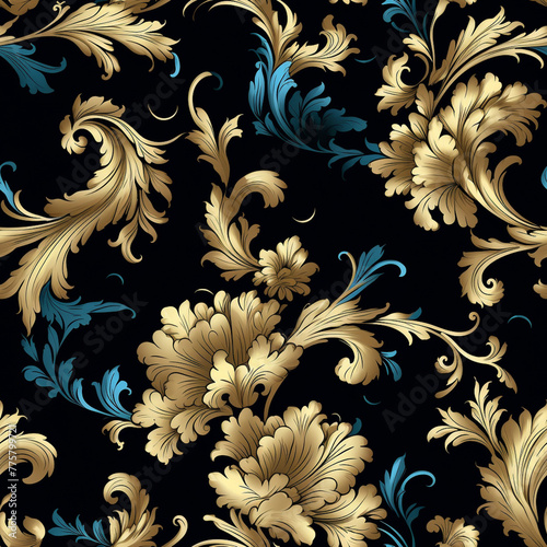 Classic golden floral baroque pattern on black background, Seamless Background