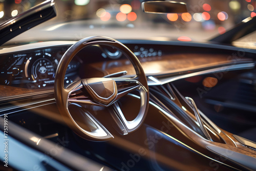 A personal luxury car with a wooden steering wheel adds a touch of elegance to the vehicles interior, enhancing the overall automotive design photo