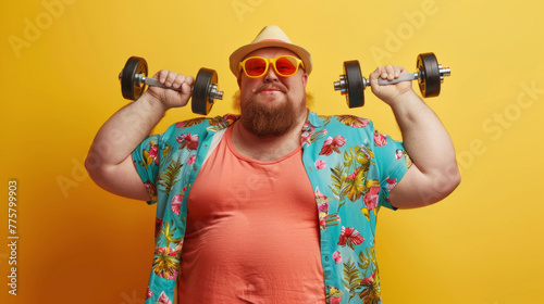 Enthusiastic fat Man Lifting Weights for Fitness, A cheerful, bearded man working out with dumbbells, showcasing effort and motivation for health and fitness.