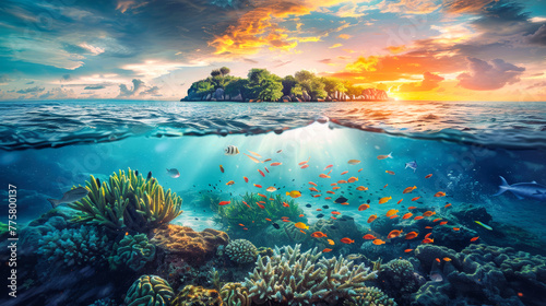 A vibrant painting of a tropical ocean scene showcasing colorful corals and various fish swimming in crystal clear water © Anoo
