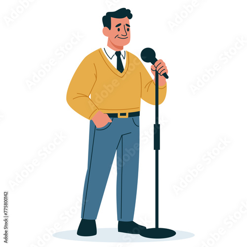 Flat vector illustration. a man in age stands and says something into a microphone, a speaker, a coach. Vector illustration © Alena