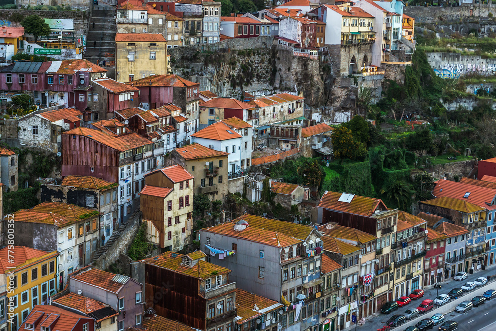Aerial view from Dom Luis I Bridge on the old part of Porto, Portugal