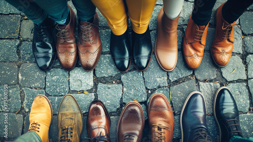 A diverse group of people standing closely together, sporting an array of colorful and stylish shoes, including business and womens footwear