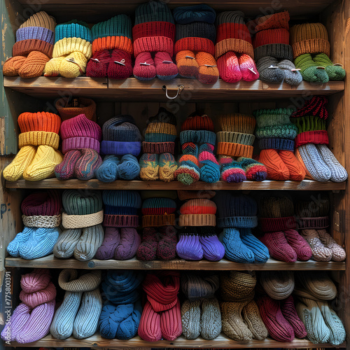 Adorning Store Shelves Colorful Woolen Socks and Gloves, A row of colorful socks hanging from a clothes line 