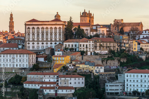 Bishops Palace, Clerigos church tower and Se Cathedral in Porto, Portugal