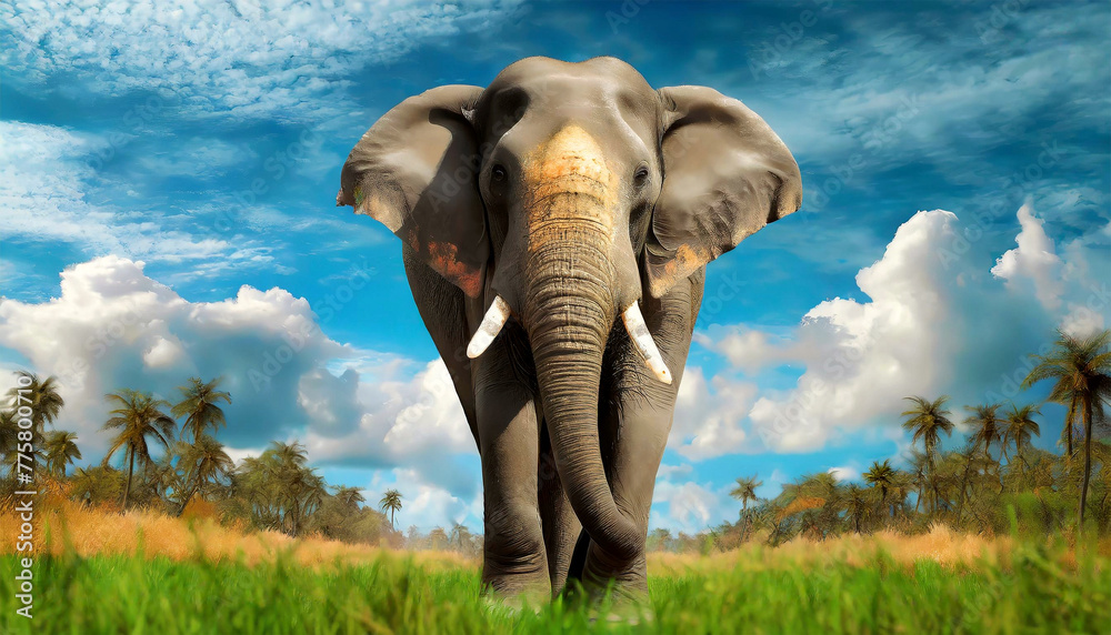 Front and bottom view of a wild Indian elephant walking and looking at camera, on green grass field near the forest, blue sky with clouds in the background. Generative Ai.
