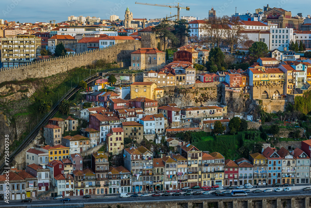 Porto city with Fernandina Wall and Guindais Funicular, view from Vila Nova de Gaia, Portugal