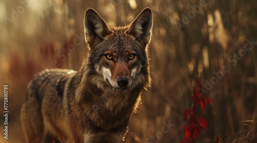 The red wolf, or mountain wolf, is a predatory mammal of the canid family in its natural habitat photo