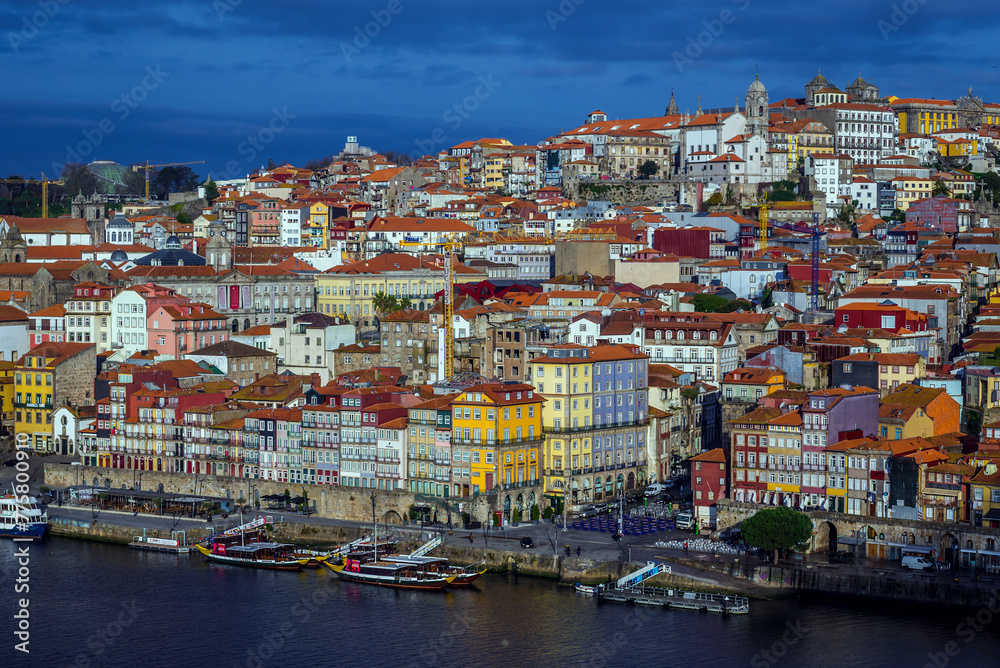 Aerial view of Port city on the bank of Douro river, Portugal