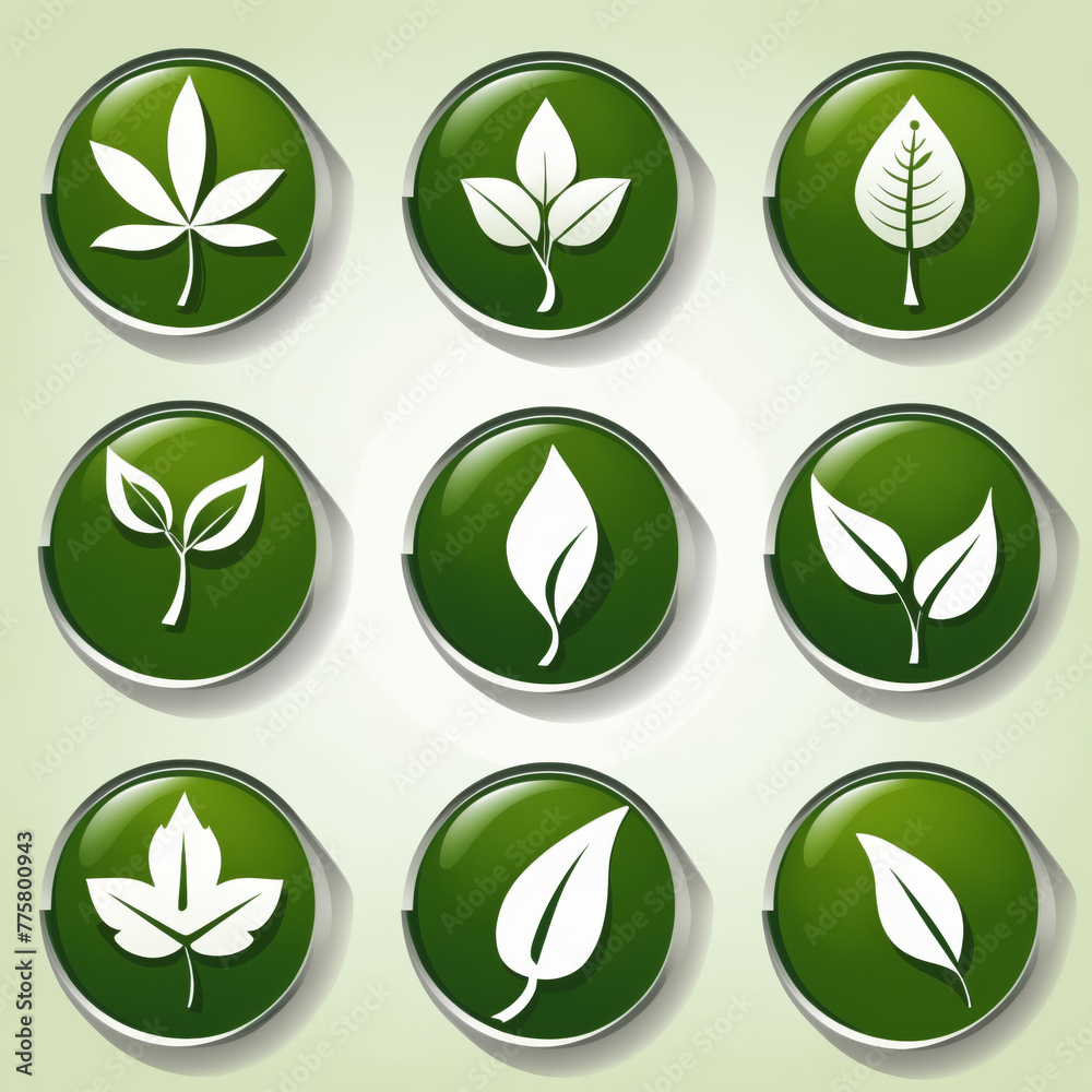 Icons of nine green circles with silver borders and white leaf icons in the center. The leaves range from simple lines to more complex shapes. The background is a light green color. - obrazy, fototapety, plakaty 