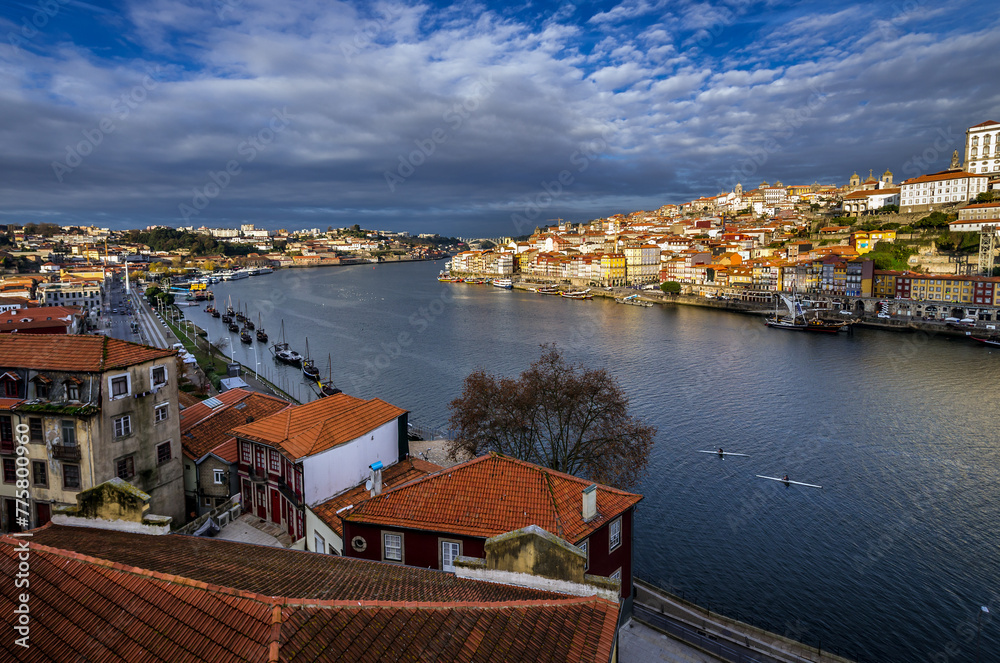 Aerial view from Vila Nova de Gaia city with Porto city on background, Portugal