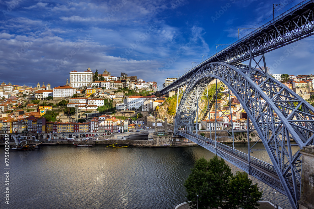 Dom Luis I Bridge over Douro River, view with Porto city, Portugal