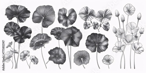 Hand-drawn monochrome illustration set of Centella asiatica flower leaf, featuring graphic design elements for labels, stickers, menus, and packaging, with an engraved style.