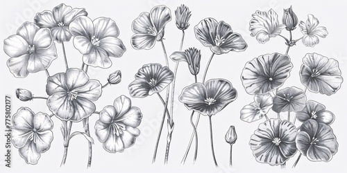 Detailed set of hand-drawn black and white illustrations featuring the flower and leaf of Centella asiatica, in an engraved graphic style perfect for labeling or packaging.