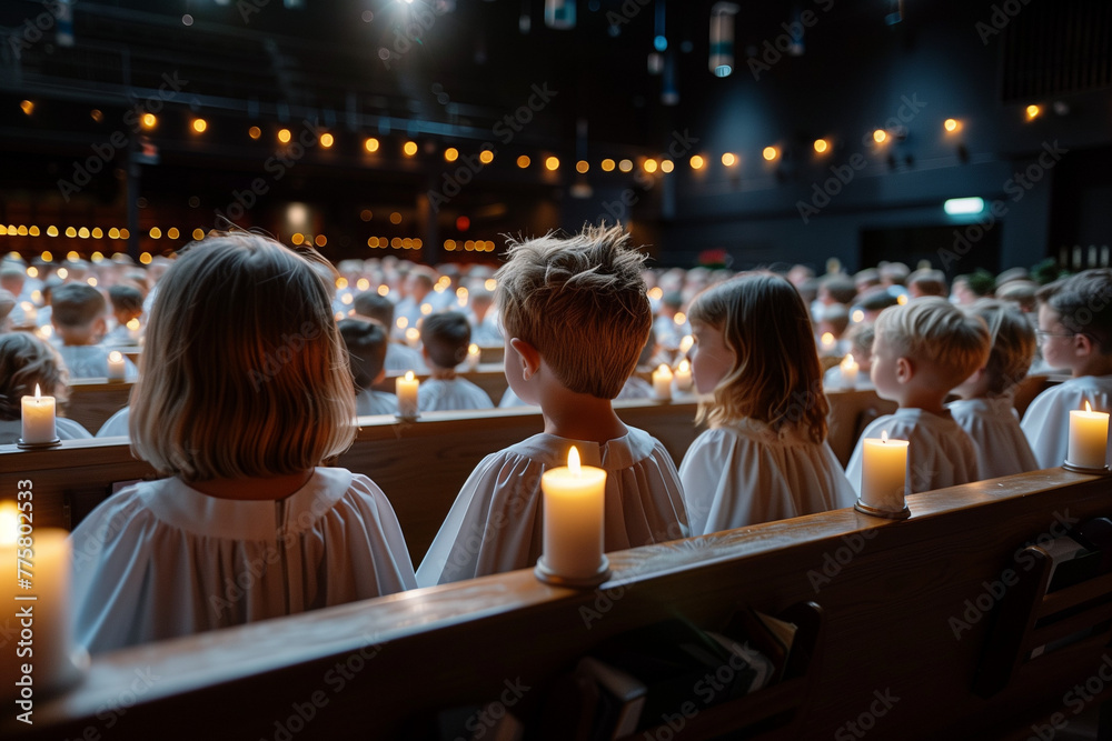 children church choir sings a prayer in the church for christmas with candles in hand - obrazy, fototapety, plakaty 